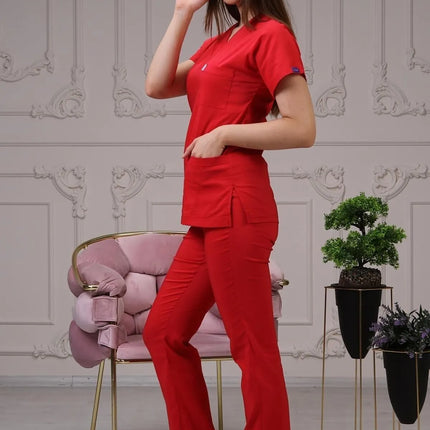 Red Colored Stretch Medical Suit - Batwing Sleeve